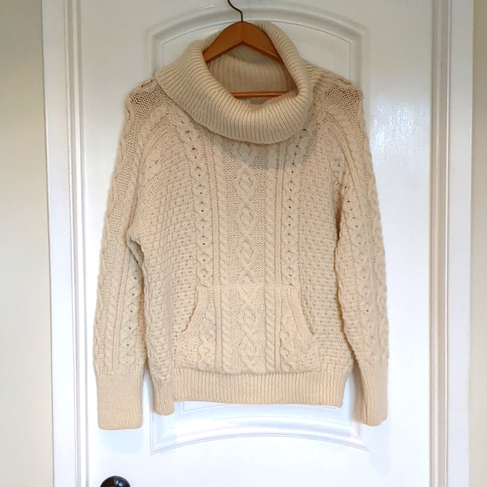 Aran Isles Irish Made Pure Wool Cabled Cowl Neck Pocket Fisherman Sweater XL